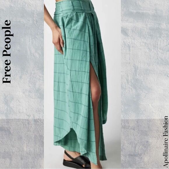 FREE PEOPLE LUNAR COVE ILLUSION WIDE LEG PANTS IN GREEN BLUE MEDIUM NEW - Picture 6 of 10